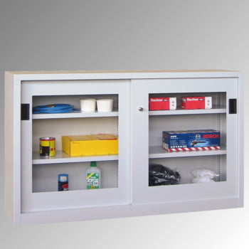 Schiebetürenschrank - Sichtfenstertüren - 1.000x1.500x400 mm (HxBxT) - 4 Böden, verzinkt - Zylinderschloss - lichtgrau/feuerrot Schiebetürenschrank - Sichtfenstertüren - 1.000x1.500x400 mm (HxBxT) - 4 Böden, verzinkt - Zylinderschloss - lichtgrau/feuerrot