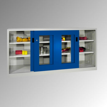 Schiebetürenschrank - Sichtfenstertüren - 1.000x2.000x400 mm (HxBxT) - 4 Böden, verzinkt - Zylinderschloss - enzianblau Schiebetürenschrank - Sichtfenstertüren - 1.000x2.000x400 mm (HxBxT) - 4 Böden, verzinkt - Zylinderschloss - enzianblau
