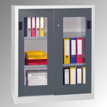 Schiebetürenschrank - Sichtfenstertüren - 1.200x1.000x500 mm (HxBxT) - 2 Böden, verzinkt - Zylinderschloss - lichtgrau/enzianblau Produktbild 0 Schiebetürenschrank - Sichtfenstertüren - 1.200x1.000x500 mm (HxBxT) - 2 Böden, verzinkt - Zylinderschloss - lichtgrau/enzianblau online kaufen - Verwendung 0