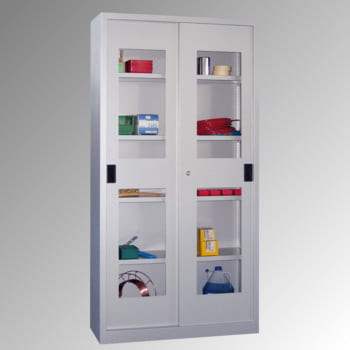 Schiebetürenschrank - Sichtfenstertüren - 1.950x1.000x500 mm (HxBxT) - 4 Böden, verzinkt - Zylinderschloss - enzianblau Schiebetürenschrank - Sichtfenstertüren - 1.950x1.000x500 mm (HxBxT) - 4 Böden, verzinkt - Zylinderschloss - enzianblau