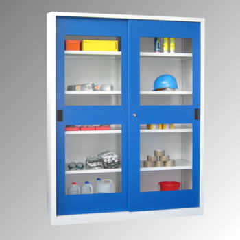 Schiebetürenschrank - Sichtfenstertüren - 1.950x1.500x400 mm (HxBxT) - 8 Böden, verzinkt - Zylinderschloss - lichtgrau/feuerrot Produktbild 0 Schiebetürenschrank - Sichtfenstertüren - 1.950x1.500x400 mm (HxBxT) - 8 Böden, verzinkt - Zylinderschloss - lichtgrau/feuerrot online kaufen - Verwendung 0