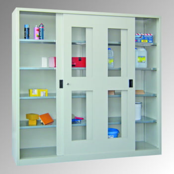 Schiebetürenschrank - Sichtfenstertüren - 1.950x2.000x500 mm (HxBxT) - 8 Böden, verzinkt - Zylinderschloss - lichtgrau/feuerrot Produktbild 0 Schiebetürenschrank - Sichtfenstertüren - 1.950x2.000x500 mm (HxBxT) - 8 Böden, verzinkt - Zylinderschloss - lichtgrau/feuerrot online kaufen - Verwendung 0