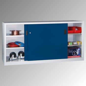 Schiebetürenschrank - Vollblechtüren - 1.000x2.000x400 mm (HxBxT) - 4 Böden, verzinkt - Zylinderschloss - lichtgrau Schiebetürenschrank - Vollblechtüren - 1.000x2.000x400 mm (HxBxT) - 4 Böden, verzinkt - Zylinderschloss - lichtgrau