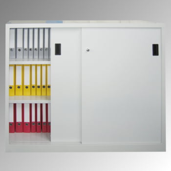 Schiebetürenschrank - Vollblechtüren - 1.200x1.500x400 mm (HxBxT) - 4 Böden, verzinkt - Zylinderschloss - lichtgrau/enzianblau Schiebetürenschrank - Vollblechtüren - 1.200x1.500x400 mm (HxBxT) - 4 Böden, verzinkt - Zylinderschloss - lichtgrau/enzianblau